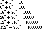 1^2+3^2 = 10
 \\ 6^2+8^2 = 100
 \\ 18^2+26^2 = 1000
 \\ 28^2+96^2 = 10000
 \\ 12^2+316^2 = 100000
 \\ 352^2+936^2 = 1000000